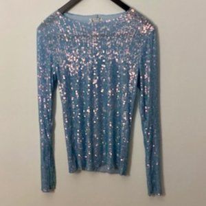 Free People Blue Sequin Fitted Long Sleeve Top
